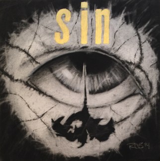 In The Eye Of The Beholder, 2014, charcoal and acrylic on paper, 12 x 12″, art about sin