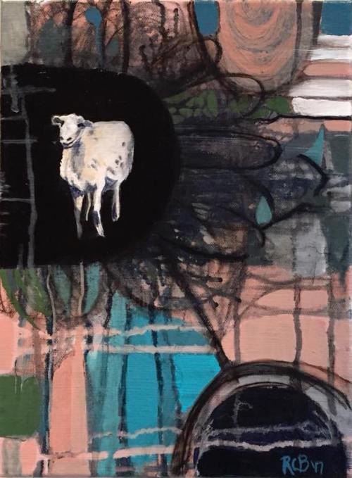 Innocence Before Branding, by Ruth Chase 9 x 12 acrylic on canvas, identity, pink, 2018