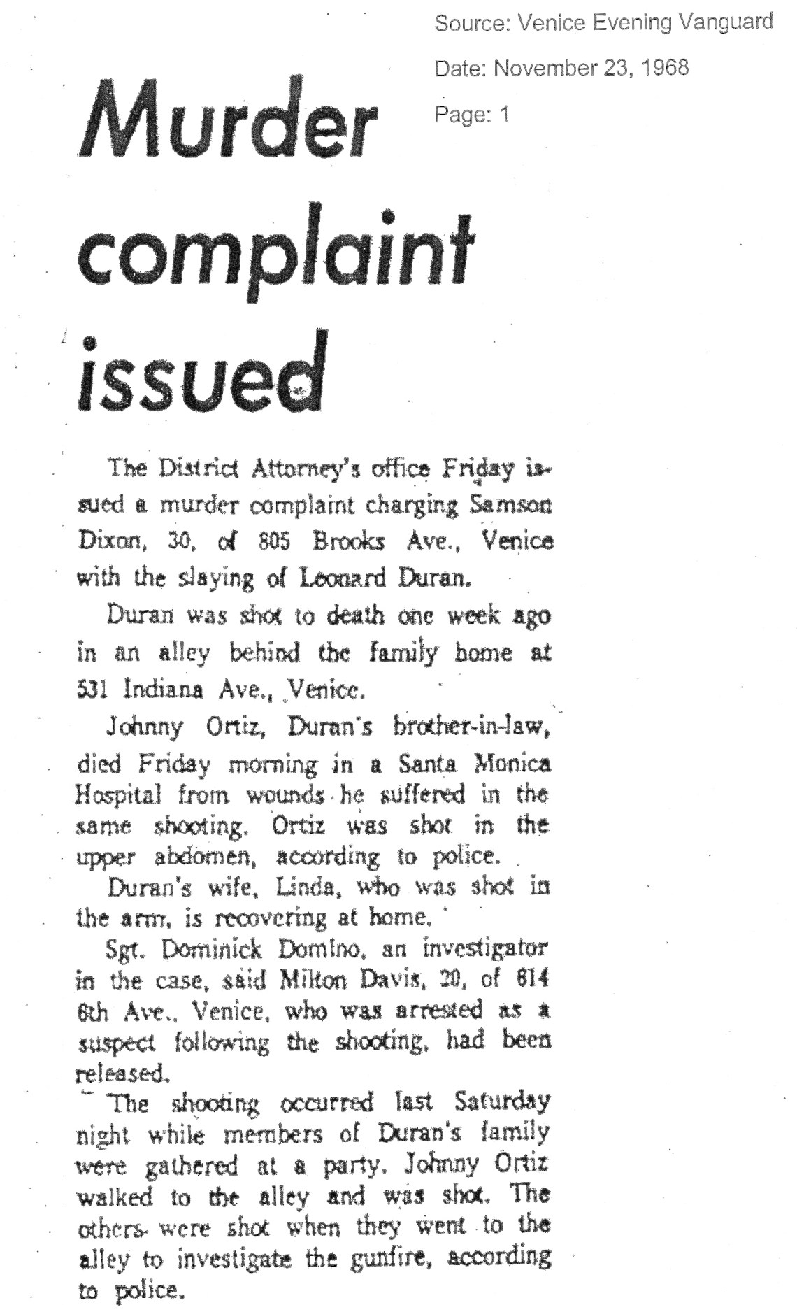 Duran Family Venice Evening Vanguard Nov 23 1968