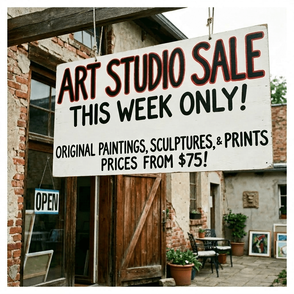 Sign reading ART STUDIO SALE this weekend only Sat & Sun 10am-5pm original paintings, sculptures, & prints prices from $10